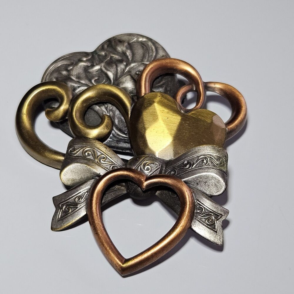 Vintage K&T HEART Brooch Mixed Metal Love Pin Silver Brass Tone Signed Jewelry